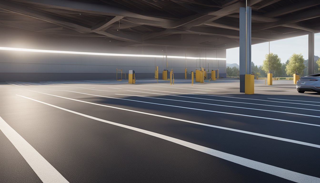 A parking lot with freshly sealed asphalt and bright, precise line striping for safety and organization