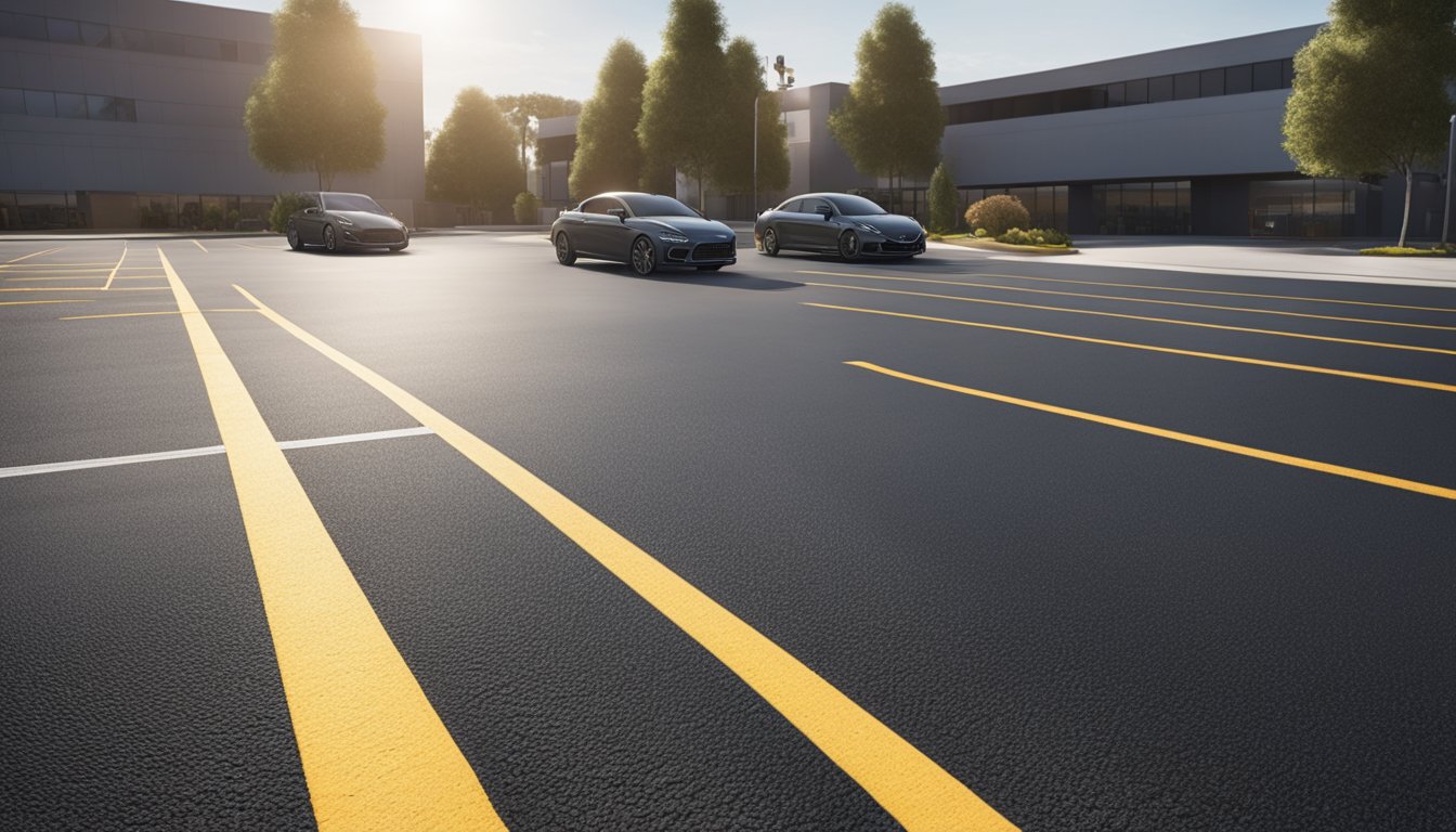 A crew applies fresh asphalt sealant and crisp line striping to a parking lot, enhancing its longevity and appearance