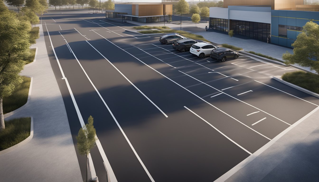 A parking lot with fresh asphalt sealing and newly painted line striping