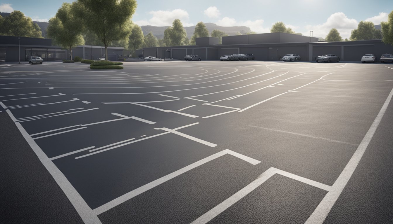 A parking lot being sealed and striped with fresh asphalt lines