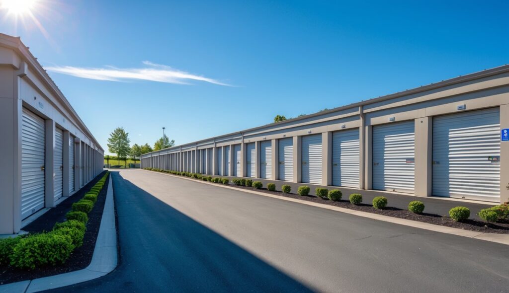 Interior of a storage unit with neatly organized boxes and shelves