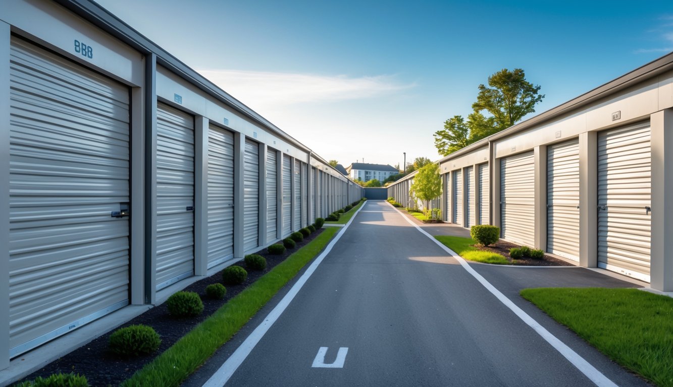Rows of clean storage units with metal doors at a storage facility in Kingston under a clear sky.