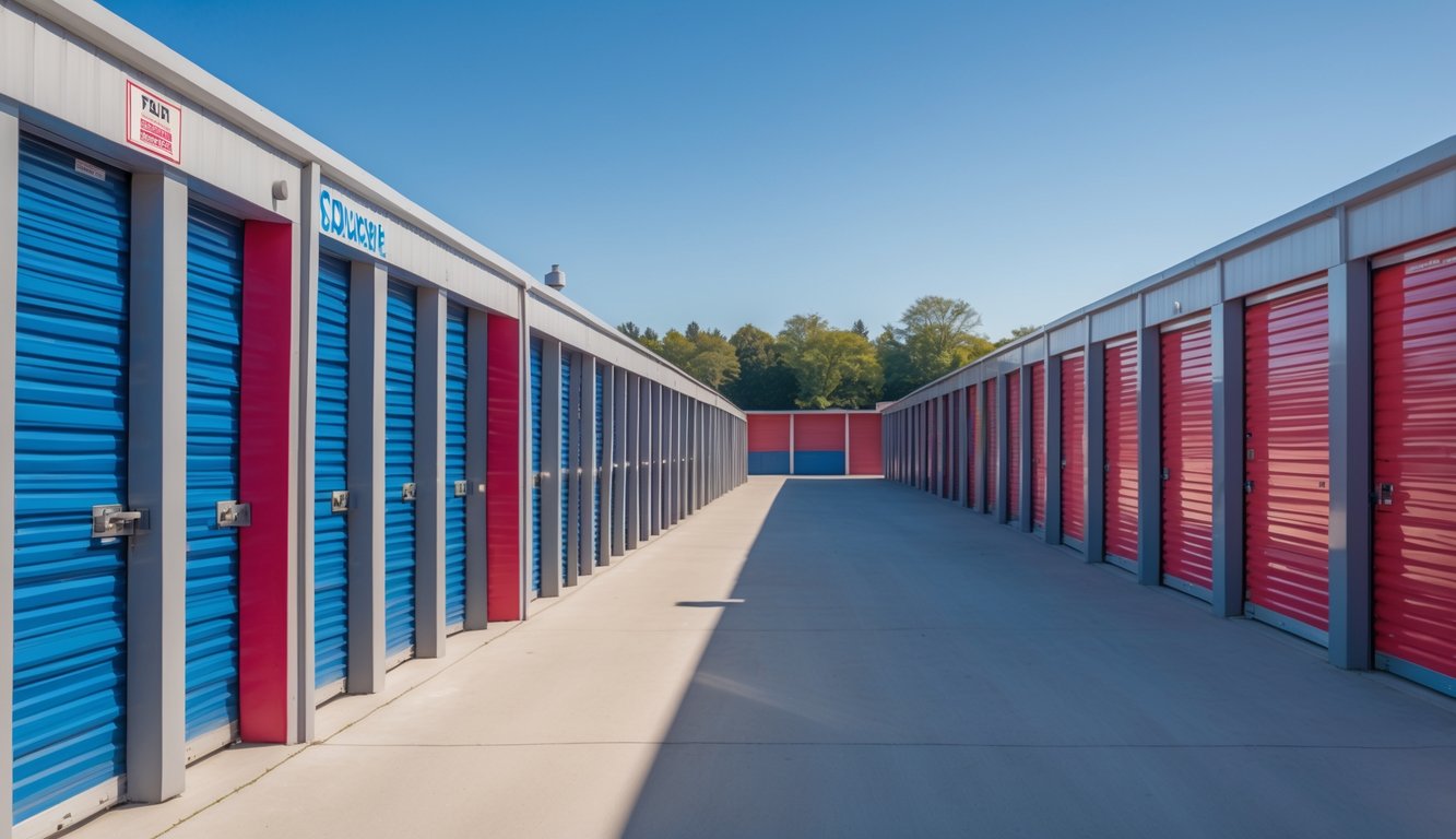 A clean and secure row of storage units with colorful doors and a paved driveway under a clear sky.