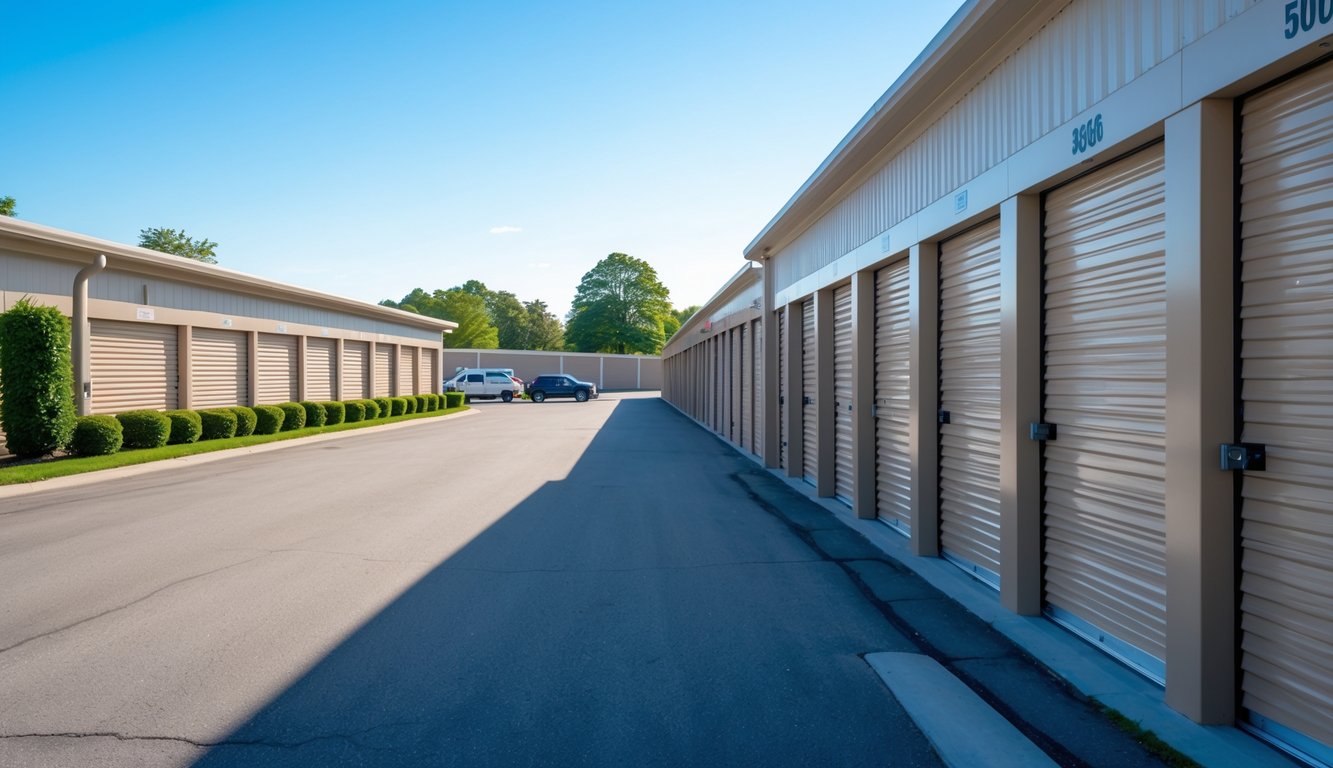Outdoor view of a clean and secure storage facility with rows of storage units and a paved driveway under a clear sky.