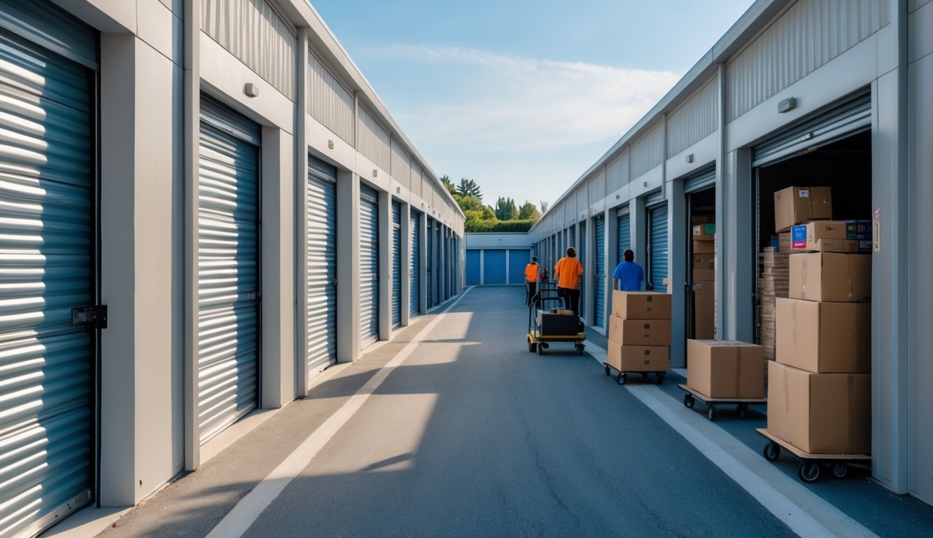 A clean and modern storage facility with open units showing organized boxes and people moving belongings on carts.