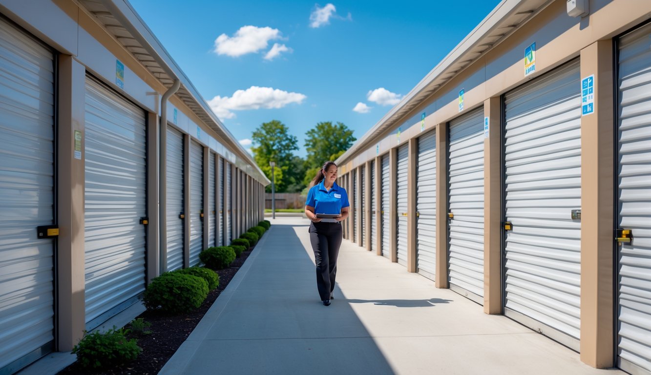 A modern storage facility with multiple storage units and a staff member assisting a customer near the entrance.