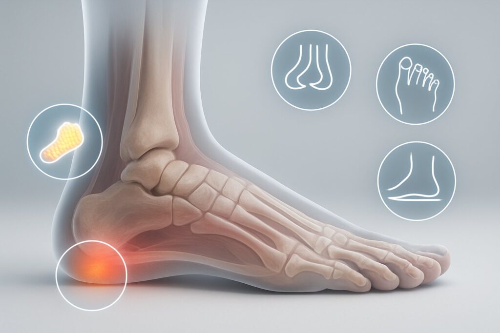 3D rendering of a human foot showing five highlighted areas indicating signs that may require custom orthotics.