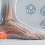 3D rendering of a human foot showing five highlighted areas indicating signs that may require custom orthotics.