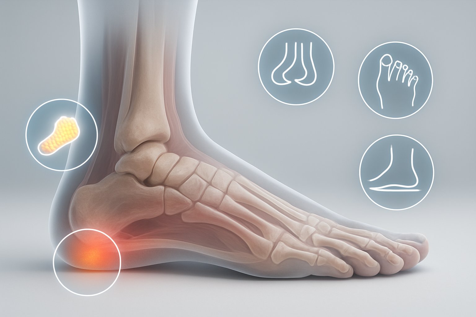 3D rendering of a human foot showing five highlighted areas indicating signs that may require custom orthotics.