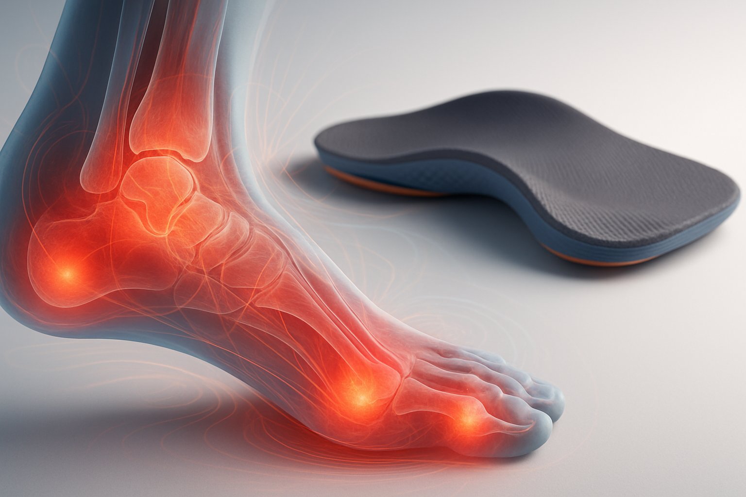 3D rendering of a human foot showing areas of pain and a pair of custom orthotic insoles nearby.