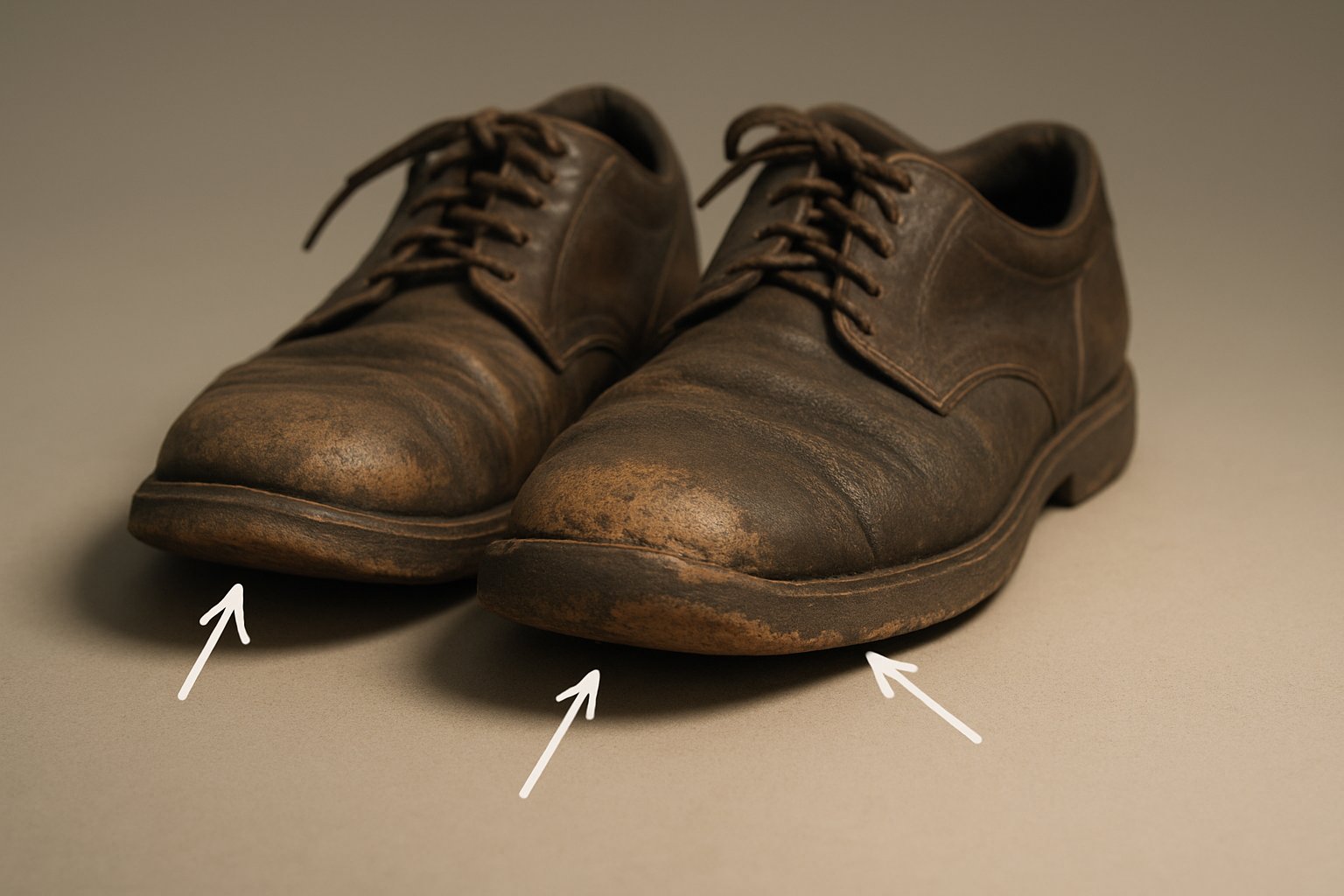 A pair of shoes showing uneven wear patterns on their soles, with visible worn areas on the heels and edges.