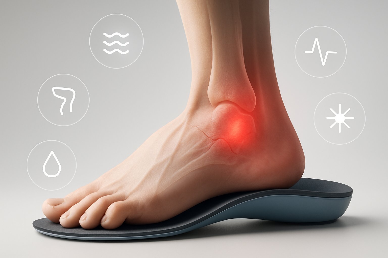 Close-up 3D view of a foot and ankle showing signs of instability and a custom orthotic insole supporting the arch and heel.