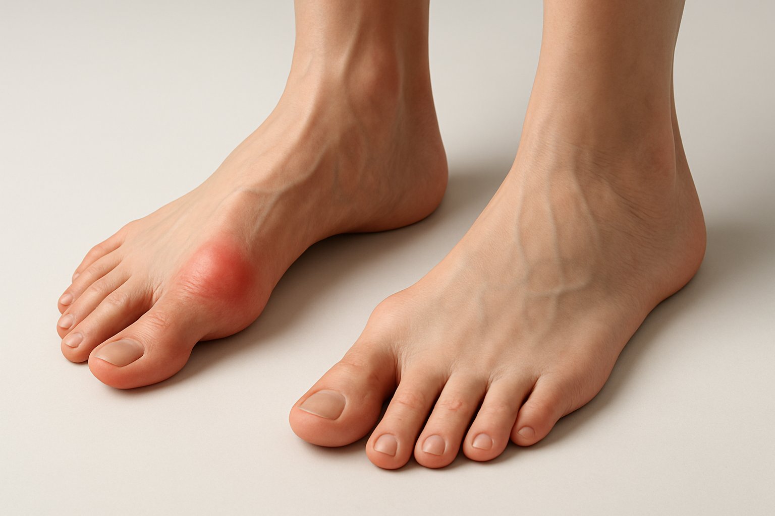 Close-up 3D view of two feet showing a bunion on the left foot and flat feet on the right foot.