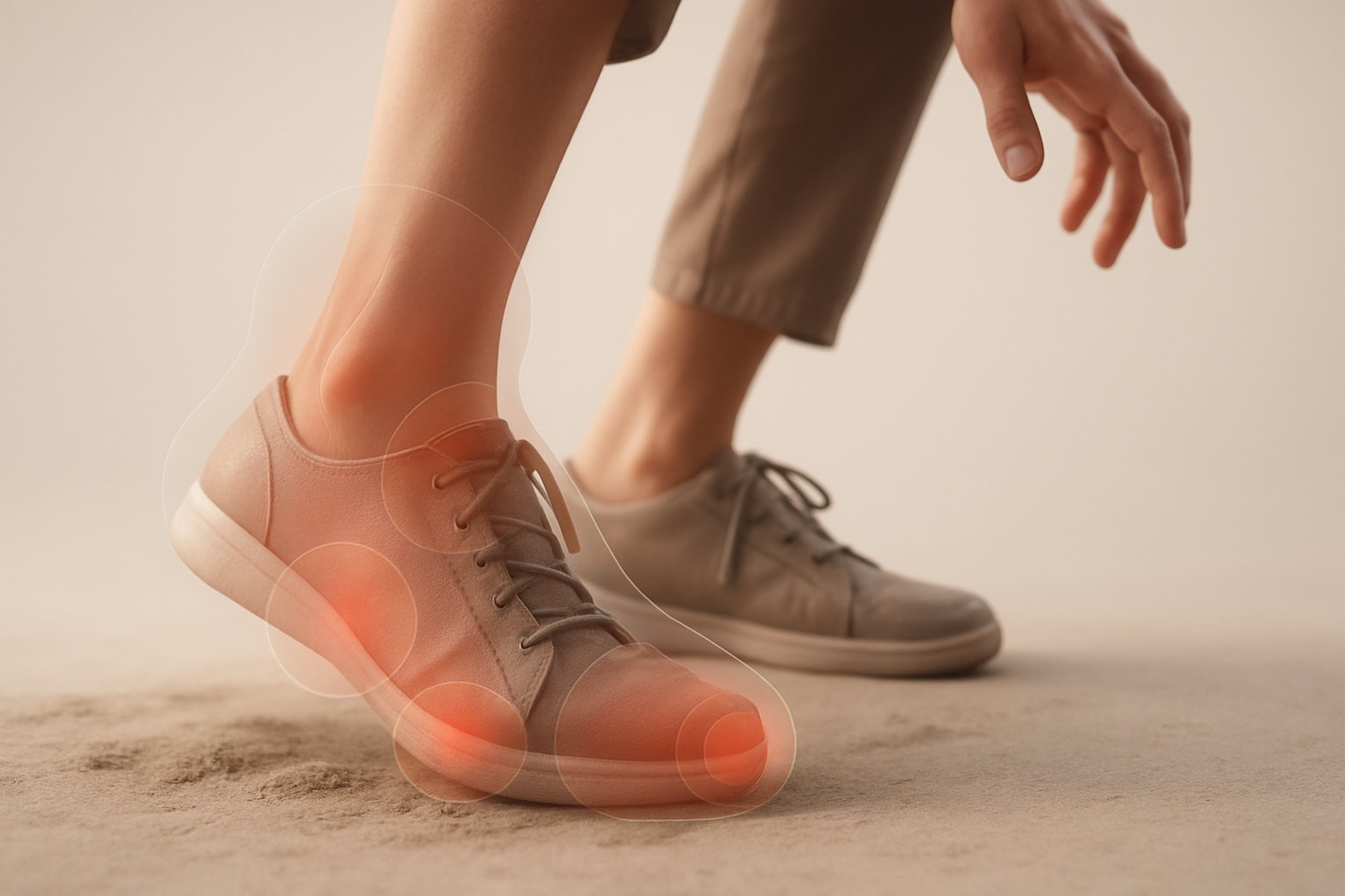 Close-up of a person’s feet and lower legs showing difficulty maintaining balance while standing and walking.