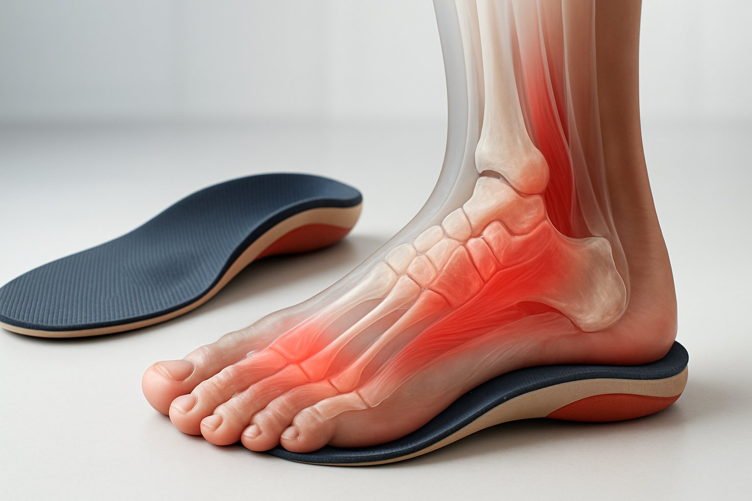 A 3D rendering showing a human foot next to custom orthotic insoles, with a transparent view of foot bones highlighting pressure points and support areas.