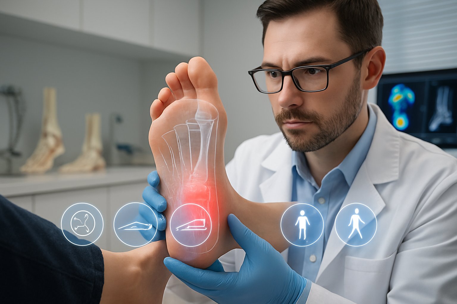 A podiatrist examining a patient's foot with highlighted pressure points and five floating icons representing signs for needing custom orthotics in a medical clinic.