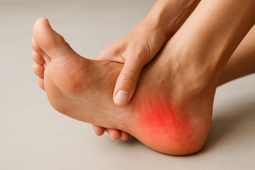 Close-up of a person holding their foot, showing signs of discomfort or pain.
