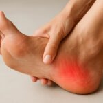 Close-up of a person holding their foot, showing signs of discomfort or pain.
