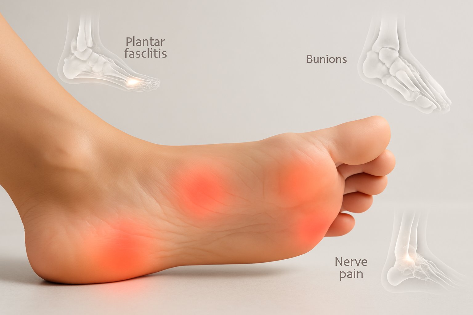 Close-up of an adult foot with highlighted areas showing common sites of foot pain and visual indicators of different foot conditions.