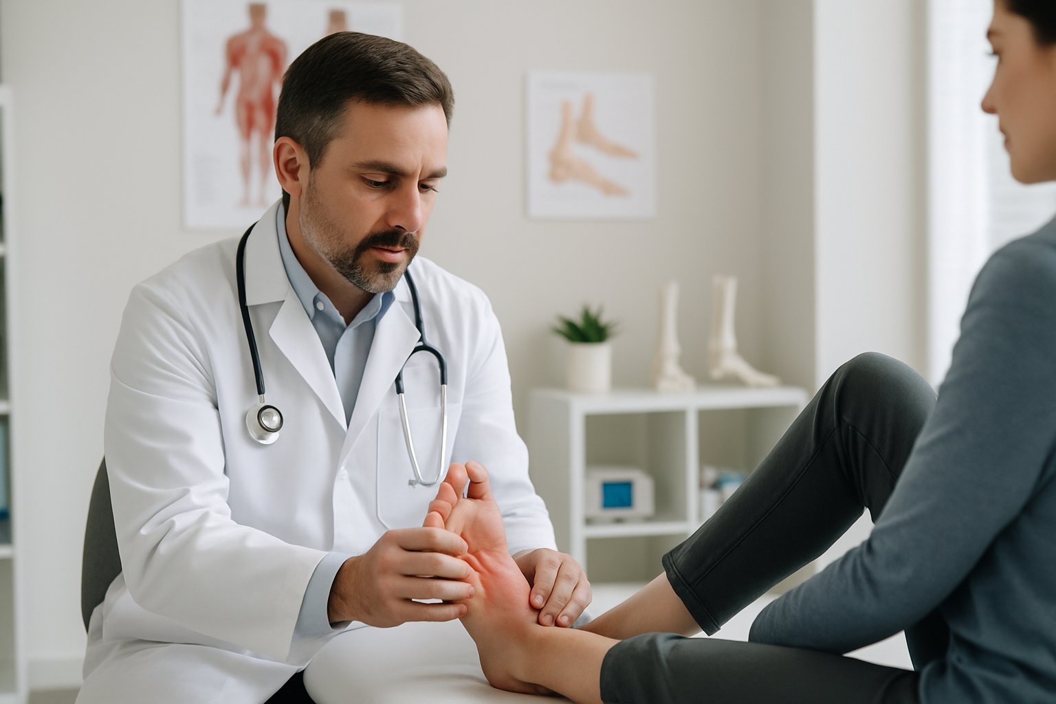 A doctor examining a patient's foot in a medical clinic during a consultation.