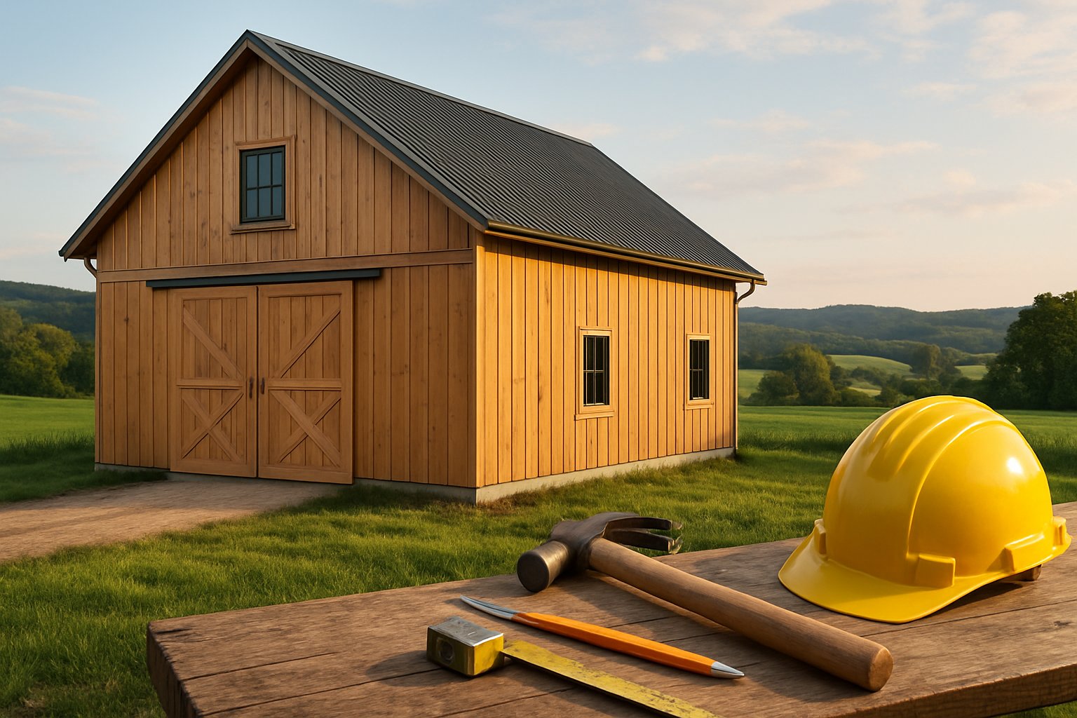 A large wooden barn in a green rural landscape with hills and a clear sky.