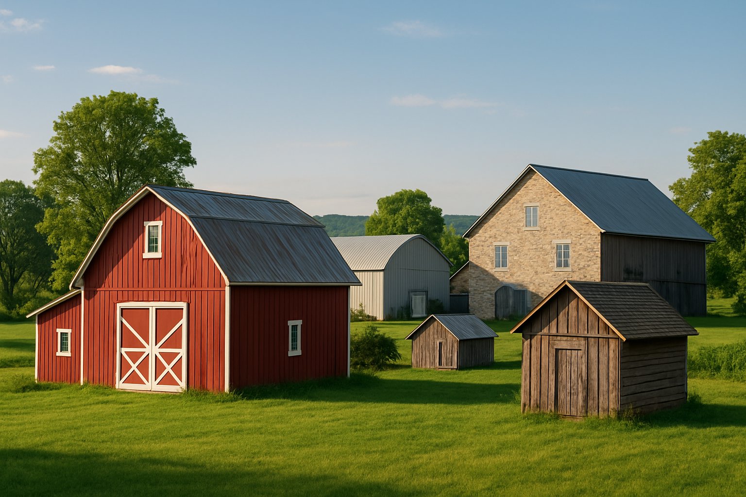 A variety of barns and outbuildings in a green rural landscape with rolling hills and clear sky.