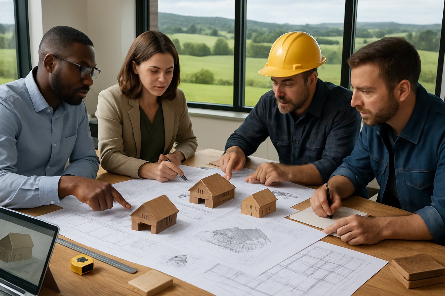 A group of architects and builders reviewing barn design plans around a table with blueprints and models in an office overlooking green fields.
