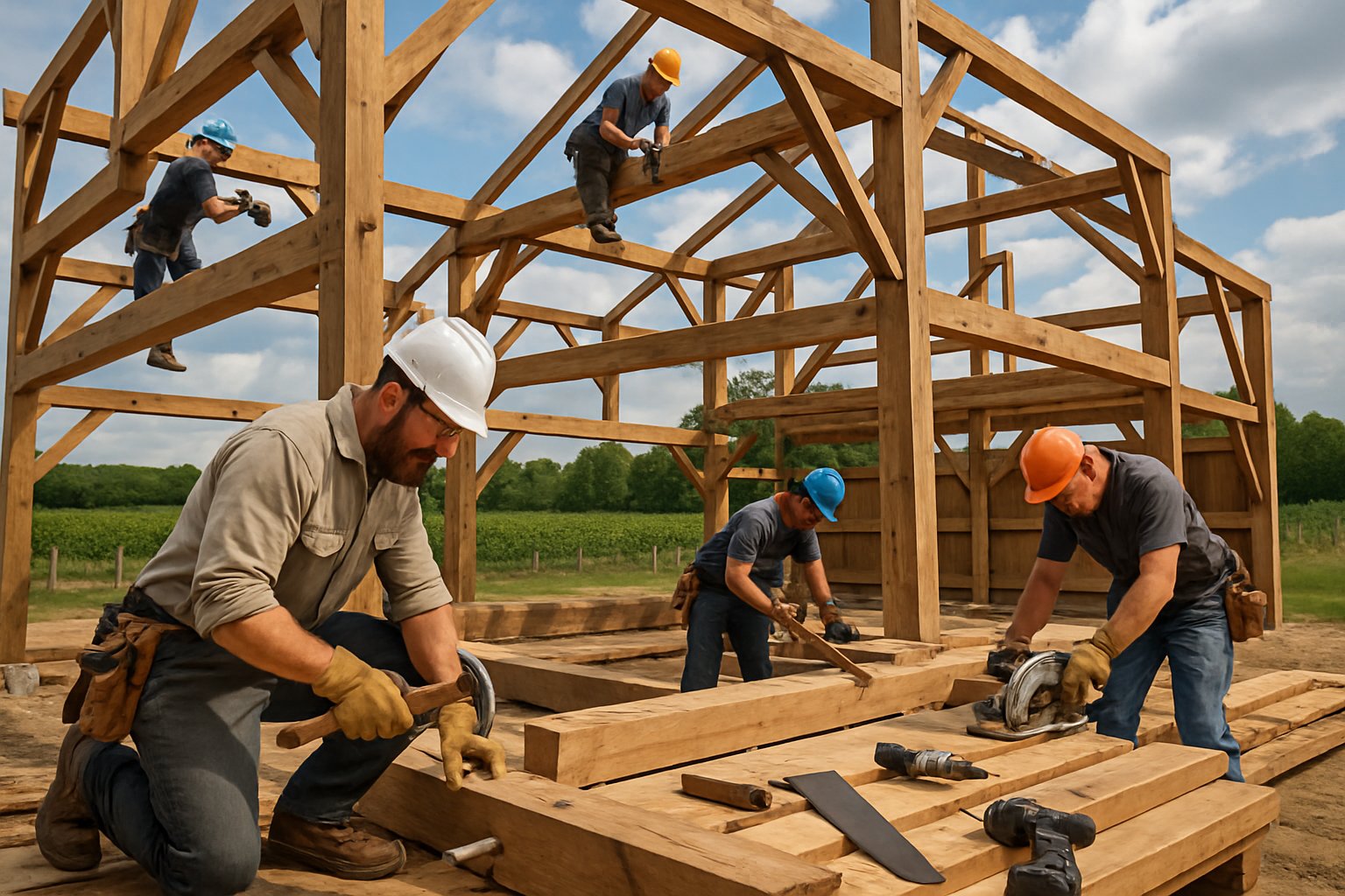Barn builders working outdoors assembling a wooden barn structure surrounded by green fields and vineyards.