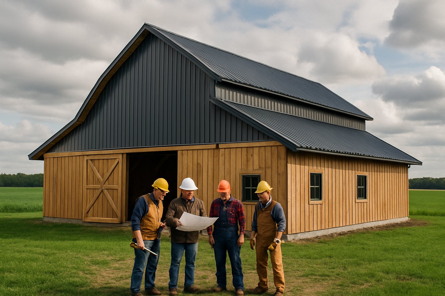 A sturdy barn in a green field with builders inspecting it under a partly cloudy sky.