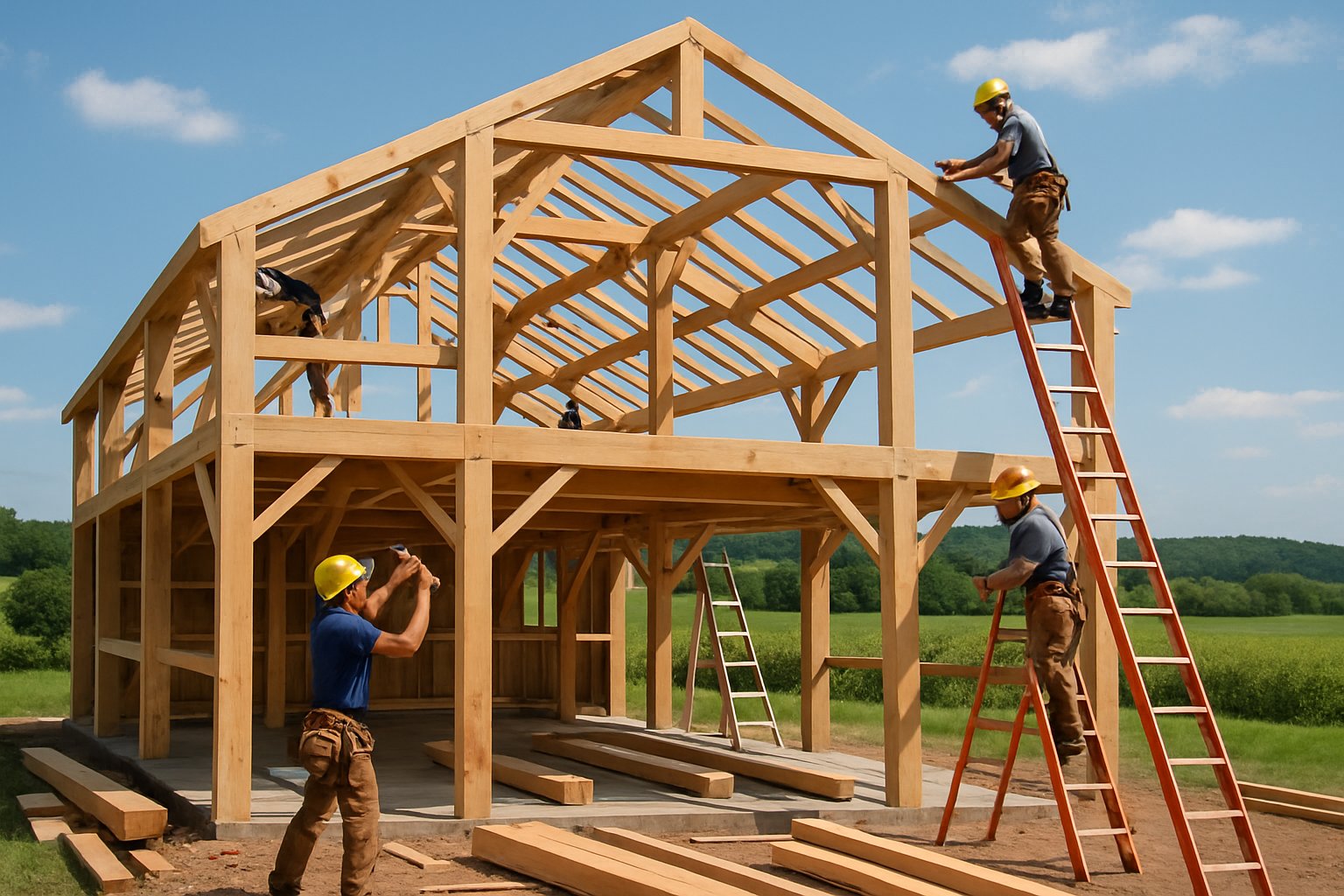Barn builders working on a large wooden barn in a green farmland setting with hills in the background.