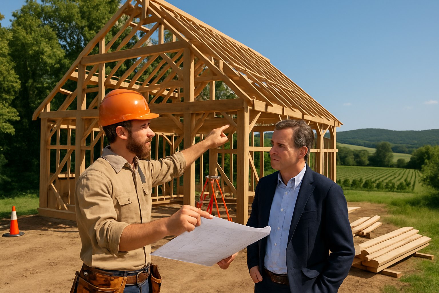 A barn builder and client reviewing plans at a barn construction site surrounded by trees and hills.