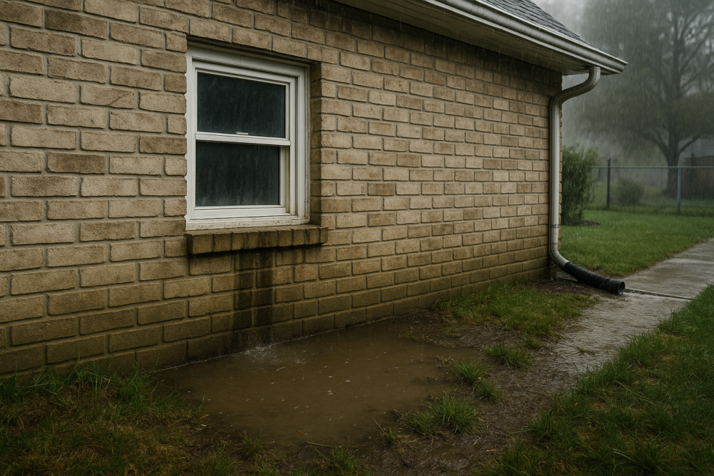 Illustration showing common causes of wet basements such as water seepage and poor drainage