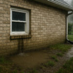 Illustration showing common causes of wet basements such as water seepage and poor drainage