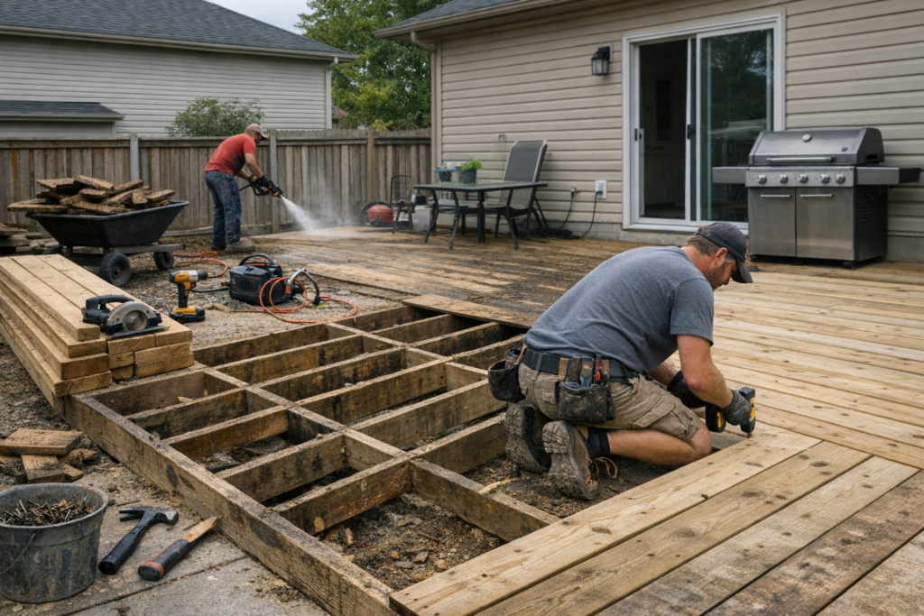 Close-up of a deck repair in progress showing tools and wood