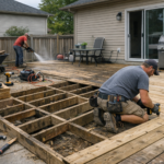 Close-up of a deck repair in progress showing tools and wood