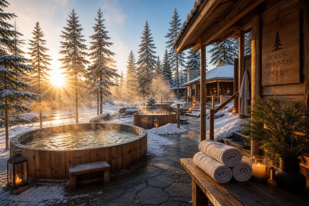 Snowy Nordic spa featuring steaming outdoor hot tubs, pine trees, rolled towels, and candles
