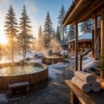 Snowy Nordic spa featuring steaming outdoor hot tubs, pine trees, rolled towels, and candles