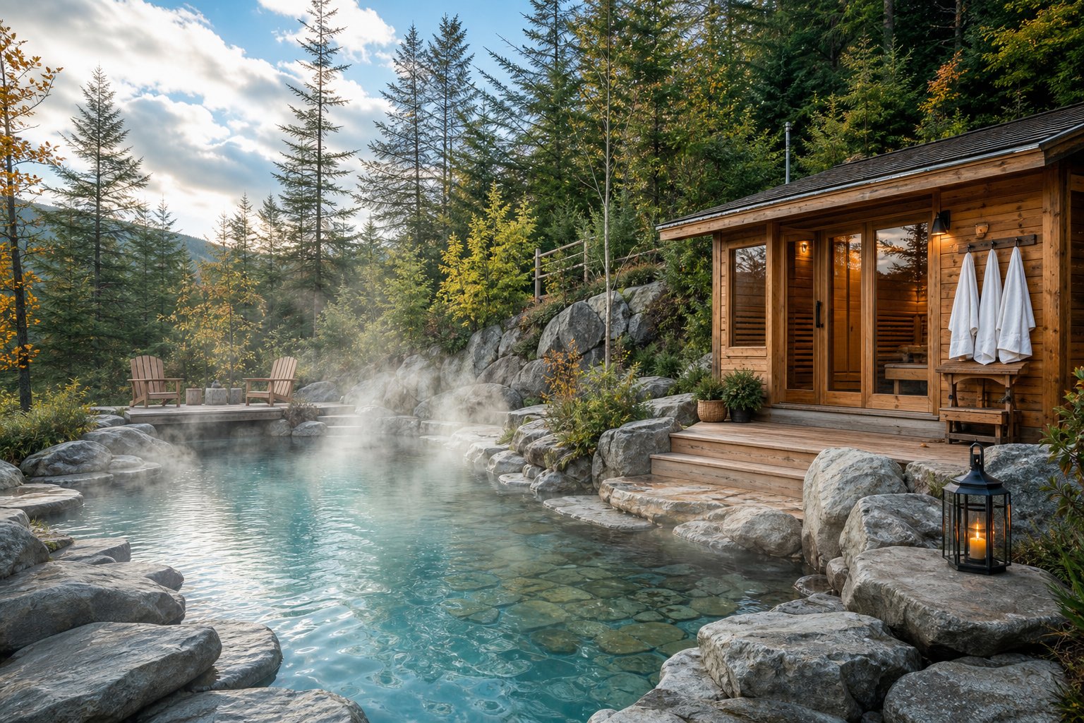 Outdoor hot spring surrounded by rocks and pine trees with a wooden sauna cabin nearby and steam rising from the water.
