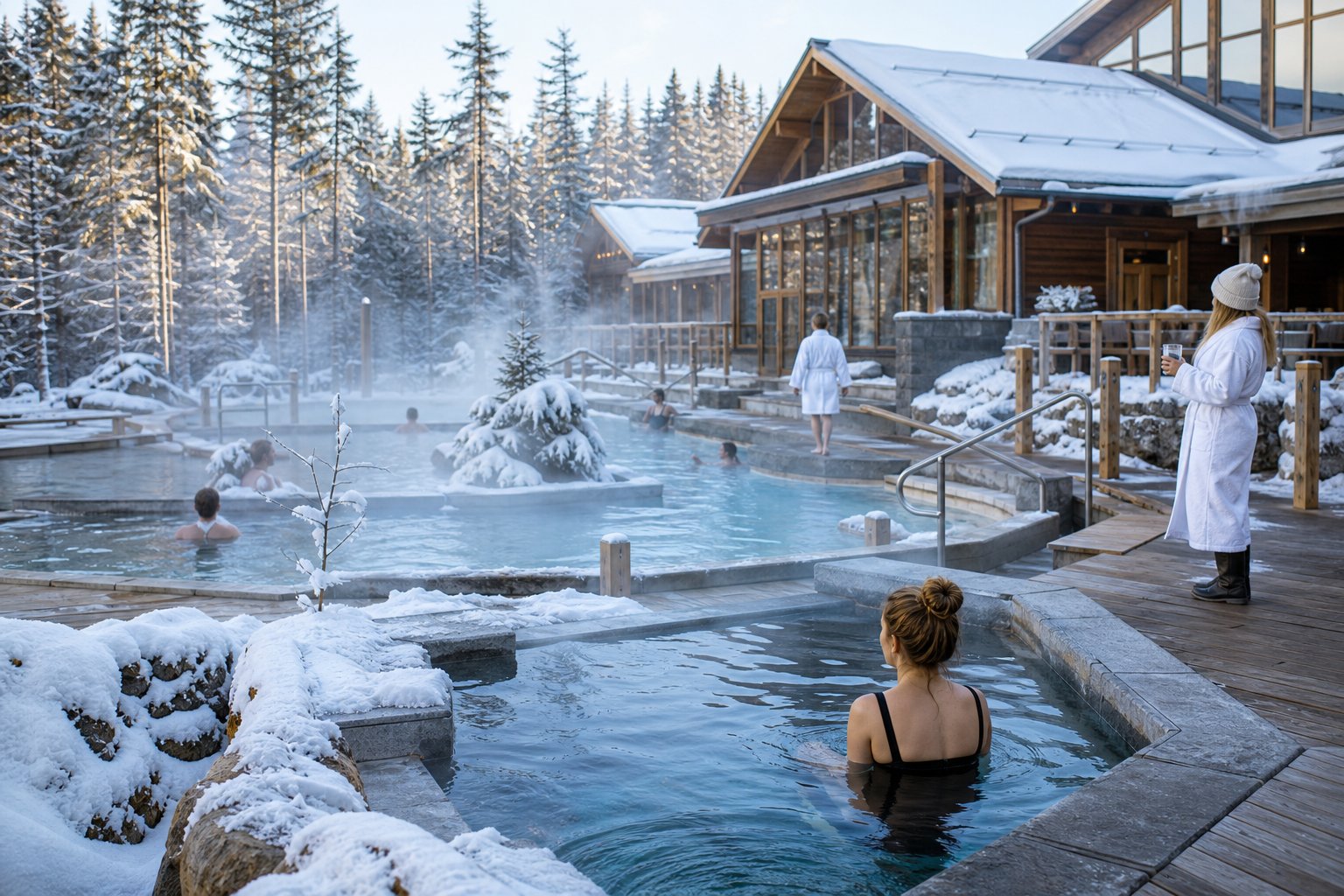 Outdoor Nordic spa with hot thermal pools and cold plunge pools surrounded by snow-covered trees and spa guests enjoying the hot and cold baths.