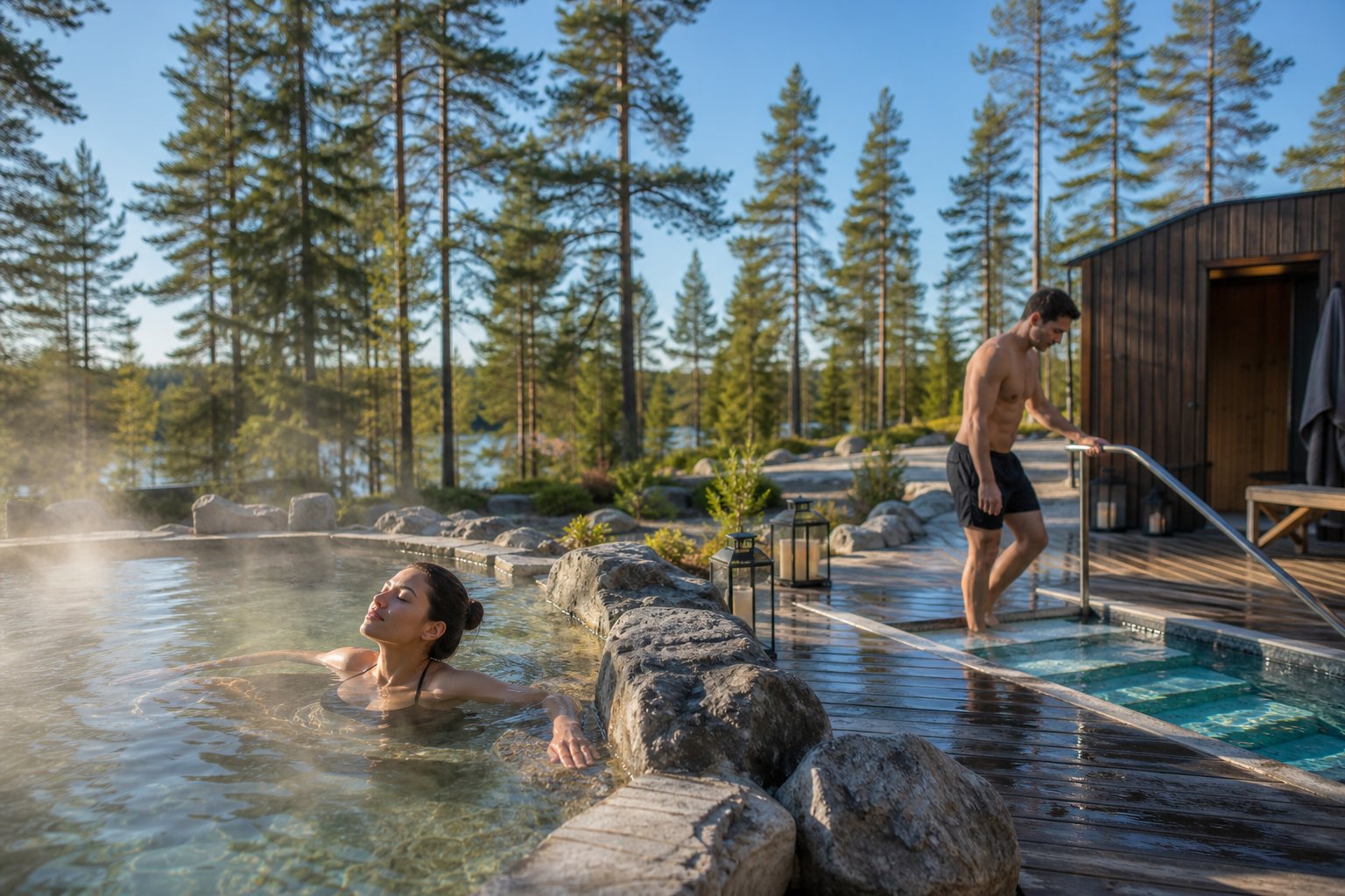 Outdoor Nordic spa in a forest with people enjoying a hot spring and a cold plunge pool for contrast therapy.