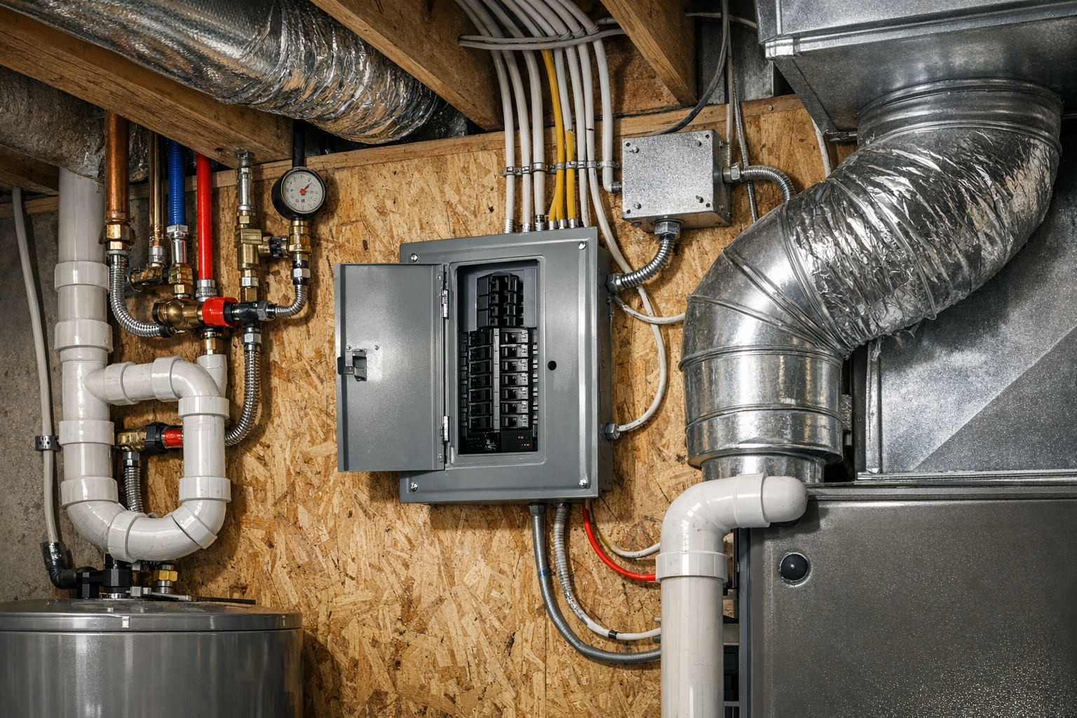Electrical panel, plumbing pipes, and ductwork in a compact utility space